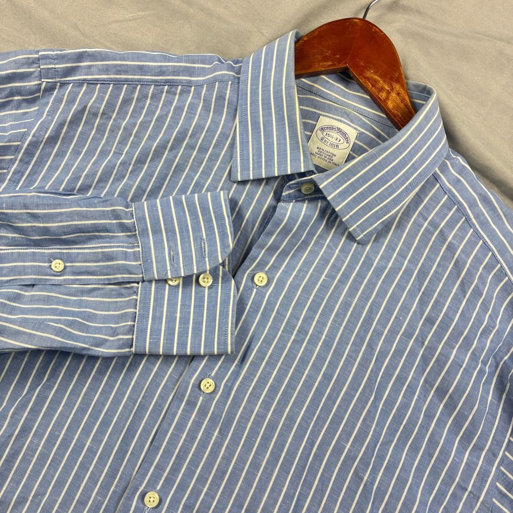 Brooks Brothers Cotton Linen Blend Button Up Shirt 15.5-33 Blue Stripe Classic